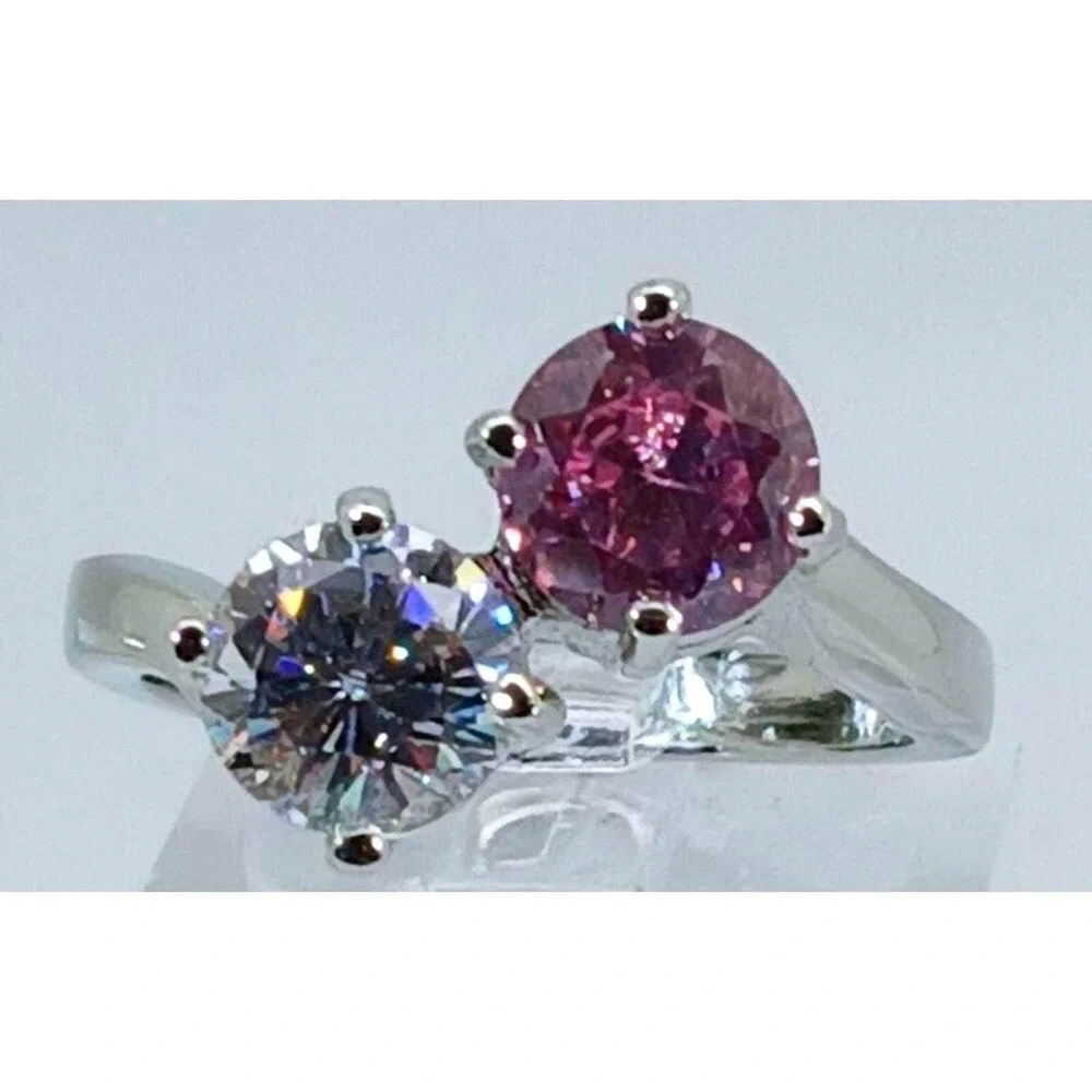 Vintage Toi et Moi 2.0ct Pink and Clear Round Cut Bypass Ring Silver Tone Size 9